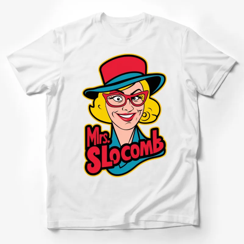 Vintage Mrs. Slocomb Cartoon T-Shirt, Retro Style Graphic Tee, Bold Colorful Fun Shirt for All Ages Male T-Shirt