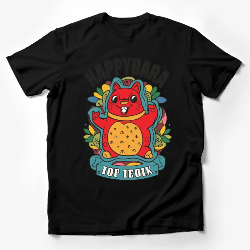 Happybara Red Cat Burger Cartoon T-Shirt, Fun Animal Graphic Tee, Unisex Casual Shirt Design Male T-Shirt