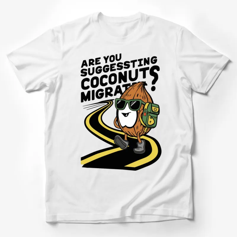 Funny Coconut Migrating T-Shirt, Unique Cartoon Graphic Tee, Humorous Summer Shirt, Casual Wear Male T-Shirt