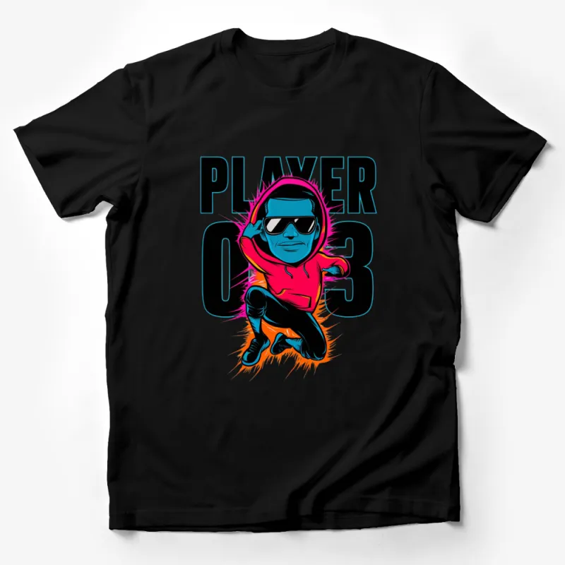 Player 03 Comic Style Graphic T-Shirt, Colorful Superhero Tee, Cool Character Shirt, Unique Design Male T-Shirt