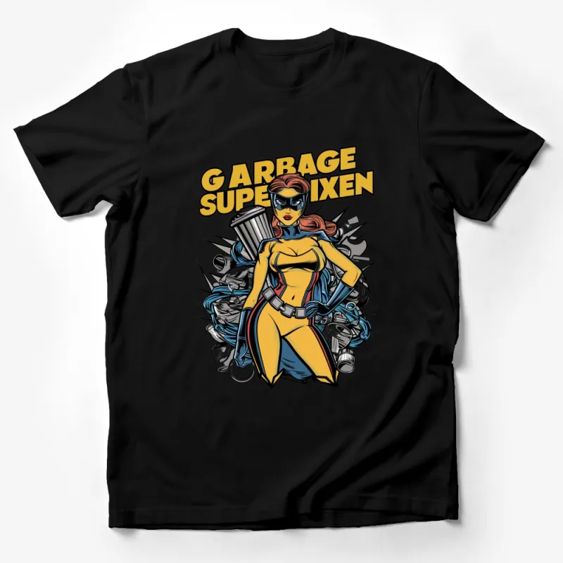 Superhero Garbage Can Woman Graphic T-Shirt, Vibrant Comic Style, Bold Colors Male T-Shirt