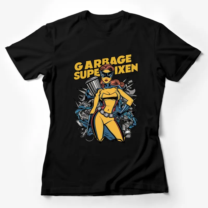 Superhero Garbage Can Woman Graphic T-Shirt, Vibrant Comic Style, Bold Colors Female T-Shirt