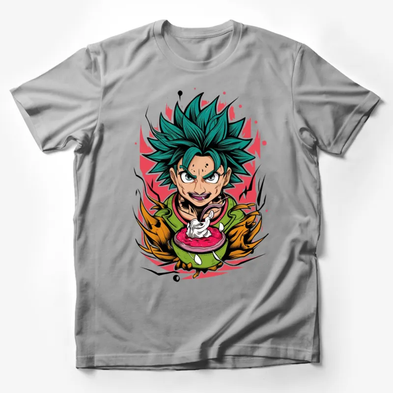 Anime Style Character with Spiked Hair and Dragon Flames Graphic T-Shirt Male T-Shirt