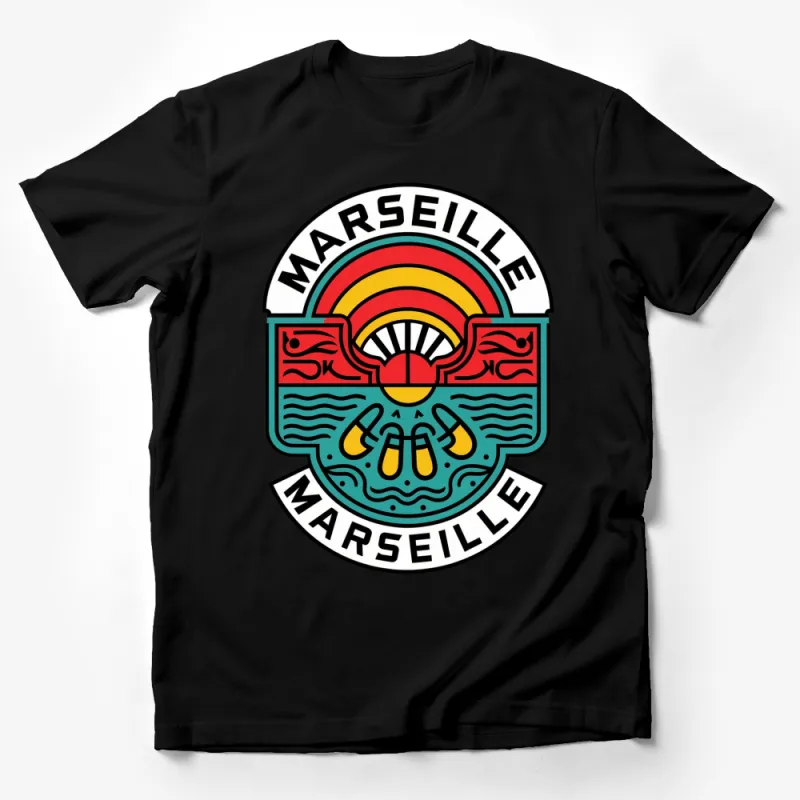 Marseille Vintage Emblem T-Shirt, Rainbow Graphic Tee, Colorful Retro-Style Top, Unisex Clothing Male T-Shirt