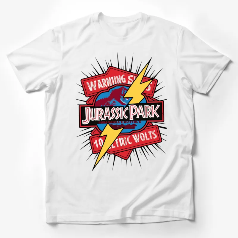 Jurassic Park Electric Volts Warning Sign Graphic T-Shirt, Bold Red and Black Design Male T-Shirt