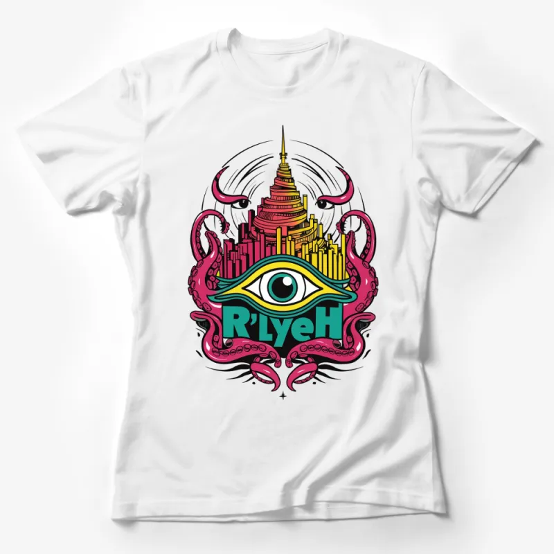 Colorful R'lyeh Eye Octopus City Design T-Shirt, Unisex Graphic Tee, Urban Mystical Art Female T-Shirt