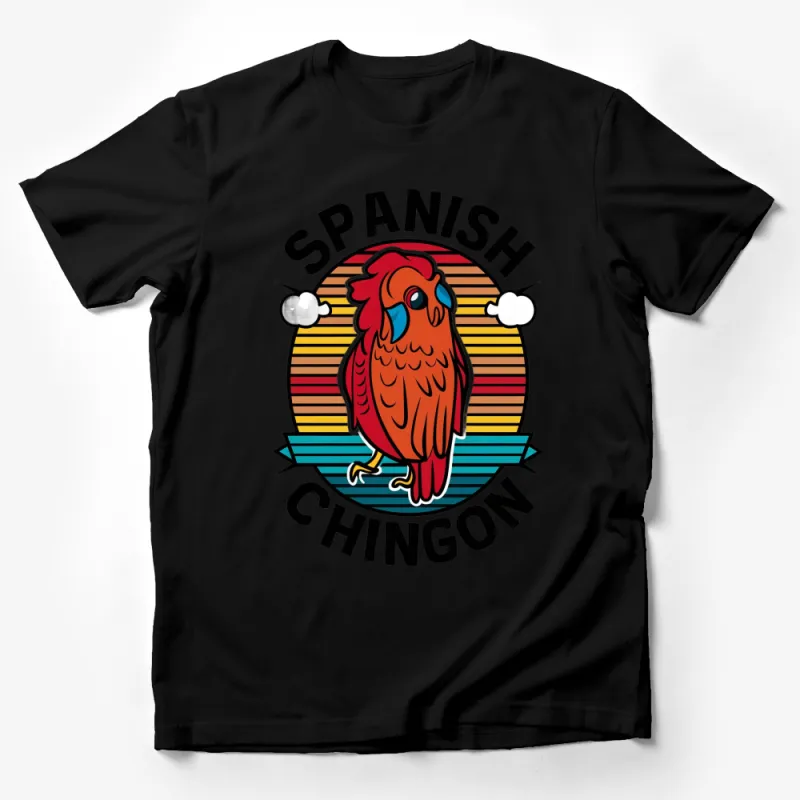 Vibrant Spanish Chingon Parrot T-Shirt, Colorful Bird Graphic Tee, Unique Retro Striped Design, Unisex Fashion Male T-Shirt