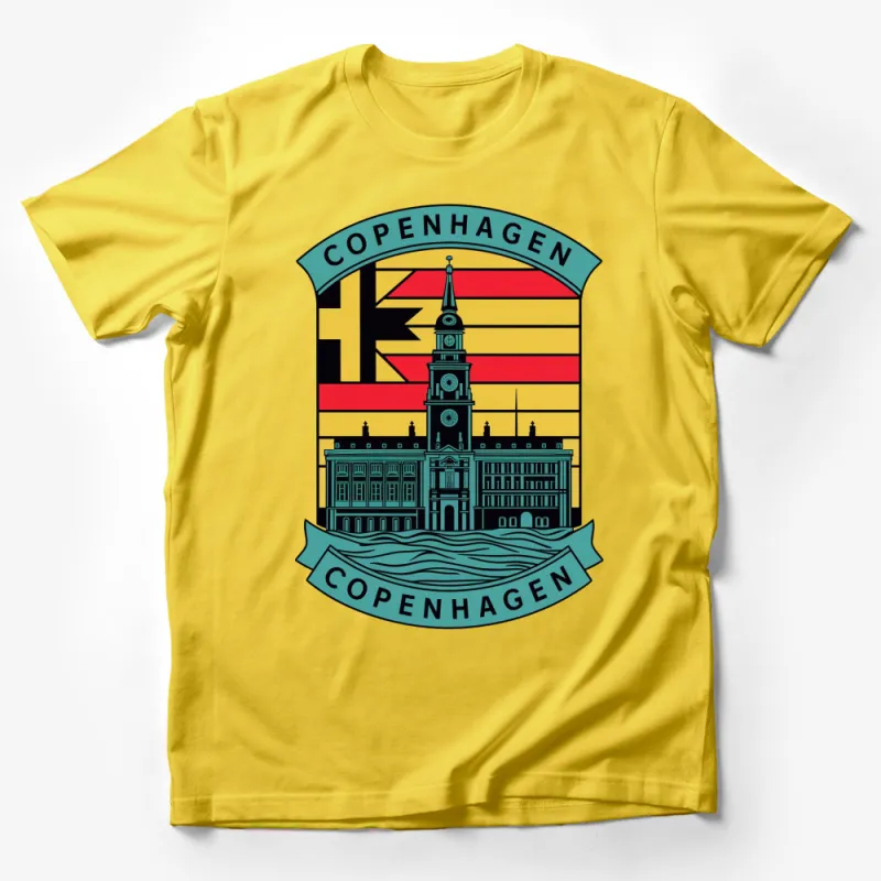 Copenhagen City Crest T-Shirt, Colorful Graphic of City Hall and Flag, Unisex Casual Wear Male T-Shirt