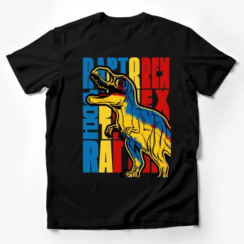 Colorful Dinosaur T-Shirt, Raptor Rex Graphic Tee, Bold Red Blue Yellow Design, Unisex Male T-Shirt