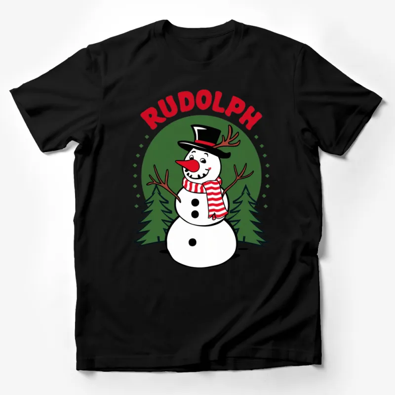 Rudolph Snowman Graphic T-Shirt - Festive Winter Holiday Top, Green and Red - Unisex Christmas Shirt Male T-Shirt