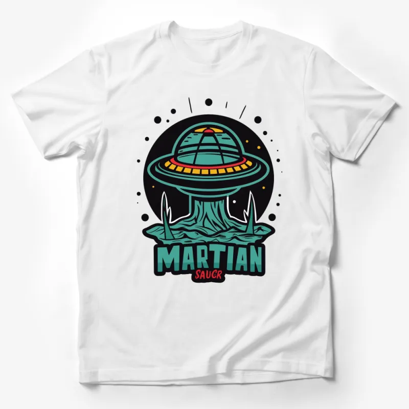 Martian Saucer UFO T-Shirt, Vintage Space Alien Graphic Tee, Sci-Fi Enthusiast Apparel Male T-Shirt