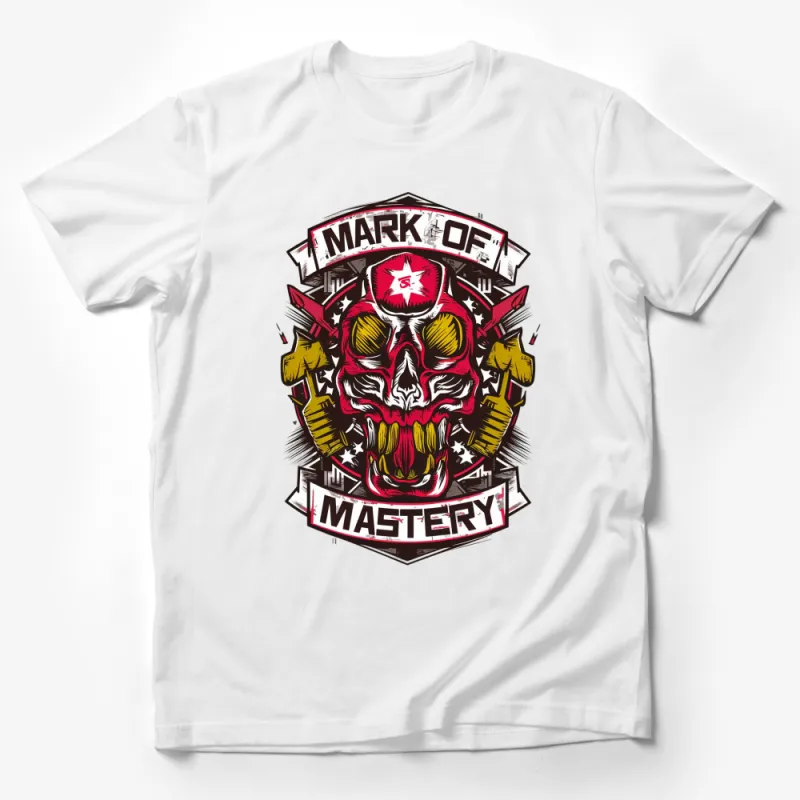 Mark of Mastery Skull and Swords Graphic T-Shirt, Bold Red and Yellow Design Male T-Shirt