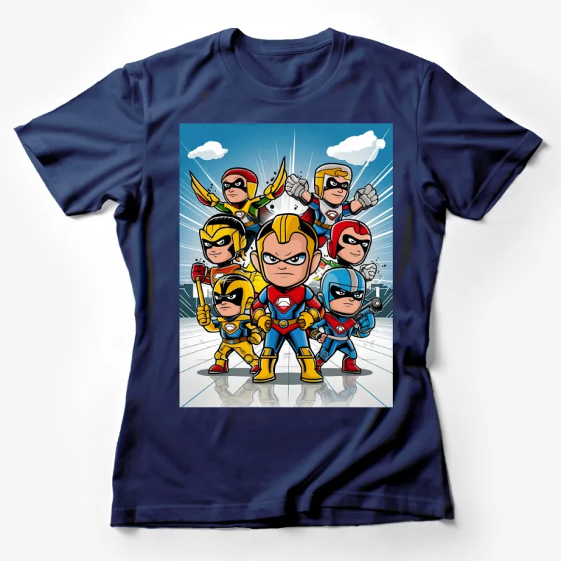 Colorful Superhero Team Cartoon T-Shirt, Kids and Adult Sizes, Unique Graphic Tee, Eye-Catching Design Female T-Shirt