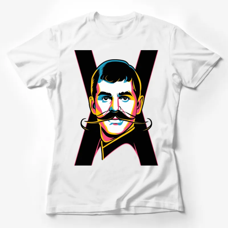 Colorful Pop Art Style Mustache Man Graphic T-Shirt, Vibrant Retro Portrait Tee, Unique Fashion Top Female T-Shirt