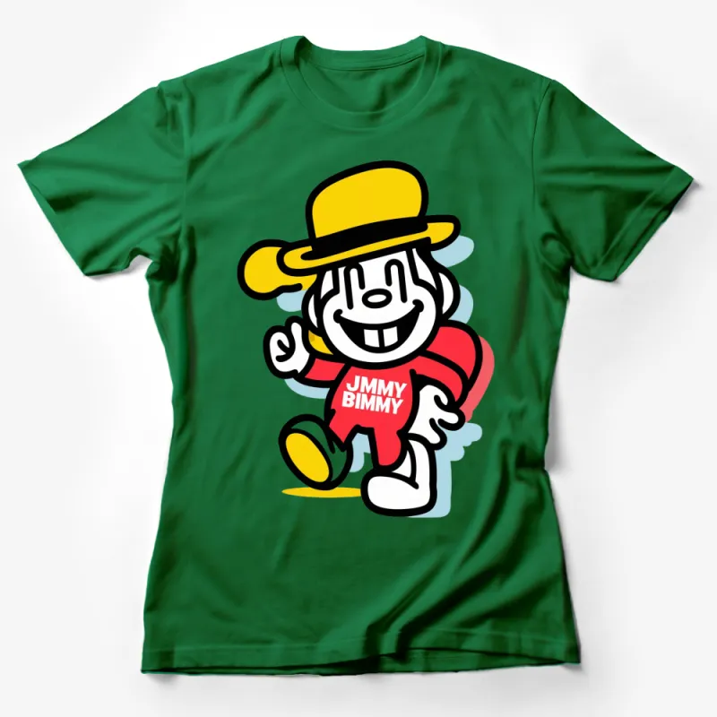 Vintage Jimmy Bimmy Cartoon Character T-Shirt, Retro Style Yellow Hat, Fun Kids and Adults Apparel Female T-Shirt