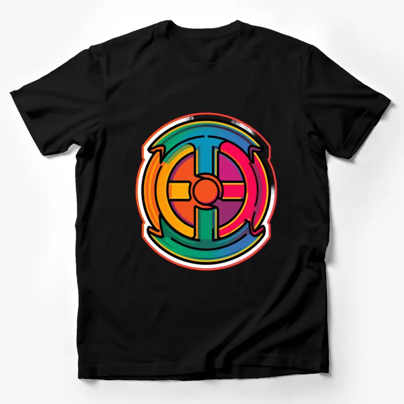 Retro Rainbow Circle and Cross Design T-Shirt, Colorful Unisex Casual Wear, Vibrant Graphic Tee Male T-Shirt