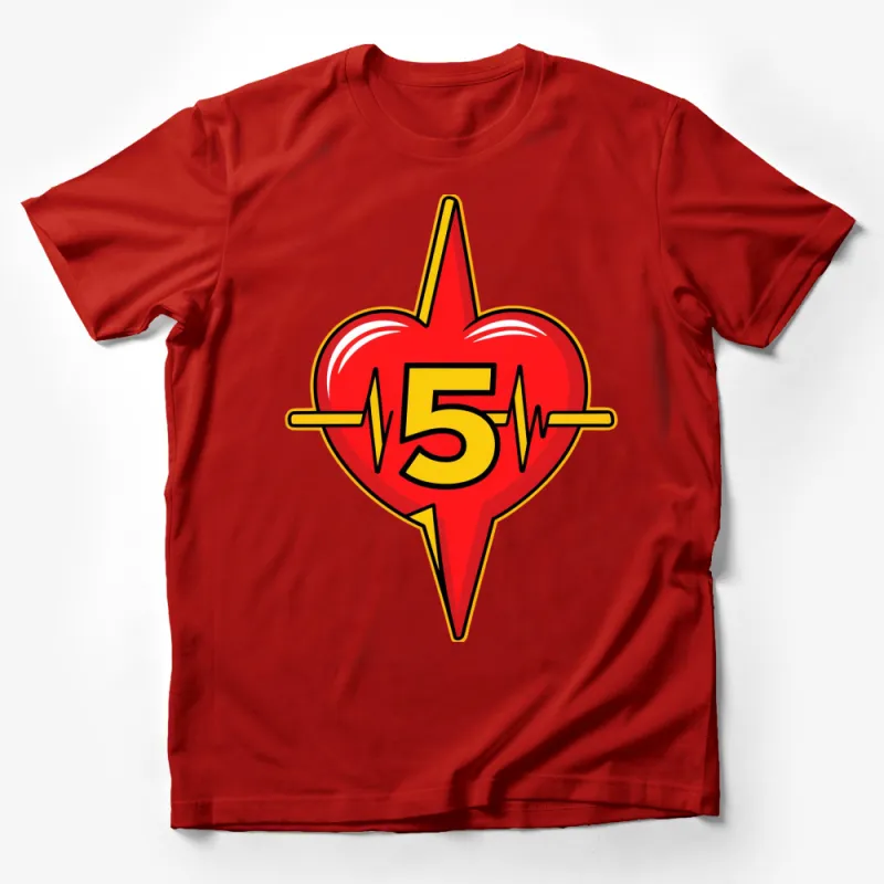 Heartbeat Number 5 Graphic T-Shirt, Bold Red and Yellow Heart Design, Unisex Tee Male T-Shirt