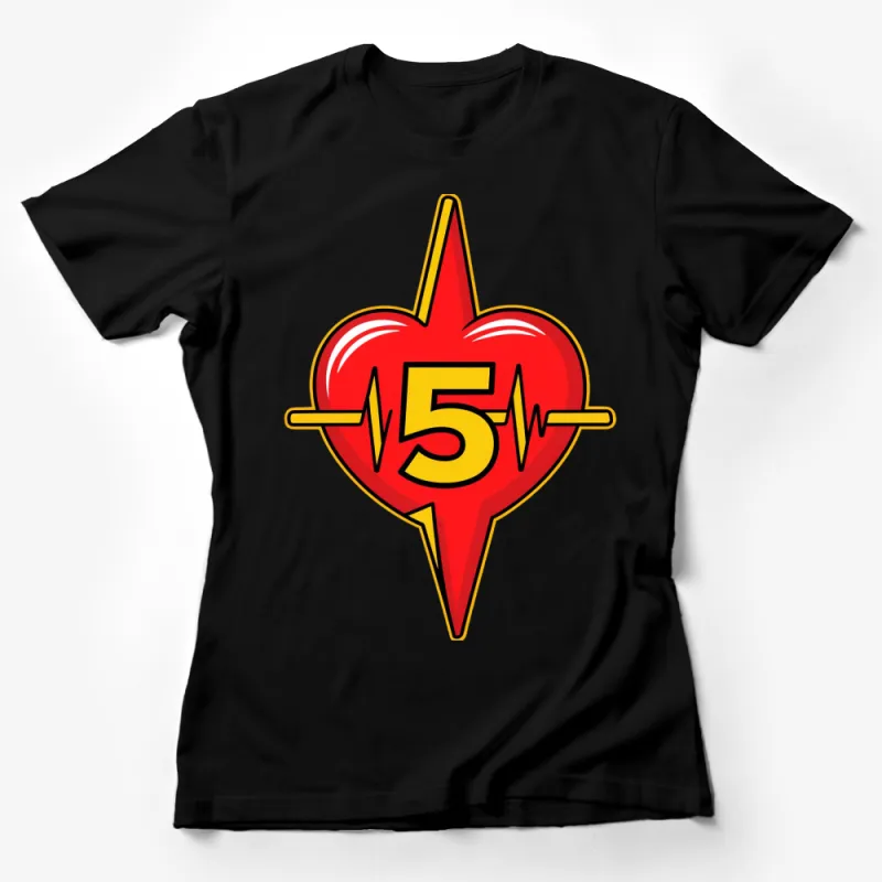 Heartbeat Number 5 Graphic T-Shirt, Bold Red and Yellow Heart Design, Unisex Tee Female T-Shirt