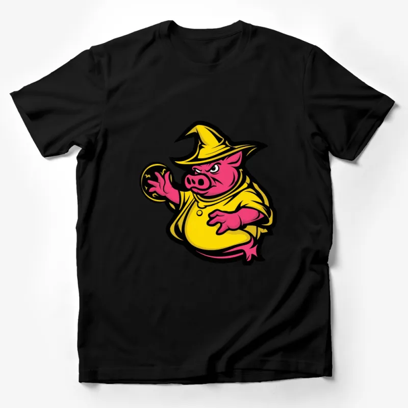 Funny Wizard Pig T-Shirt, Cartoon Pig Magician with Crystal Ball, Unique Gift, Yellow and Pink Tee Male T-Shirt