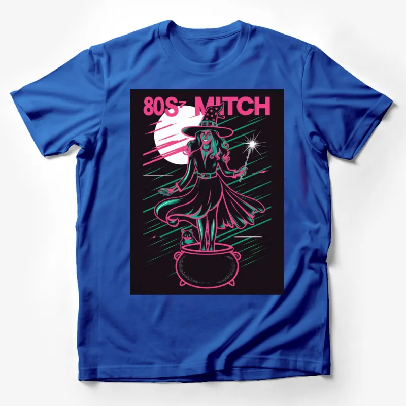 Retro 80s Witch T-Shirt, Vintage Magic Witch and Cat Design, Neon Colors Graphic Tee, Halloween Costume Idea Male T-Shirt