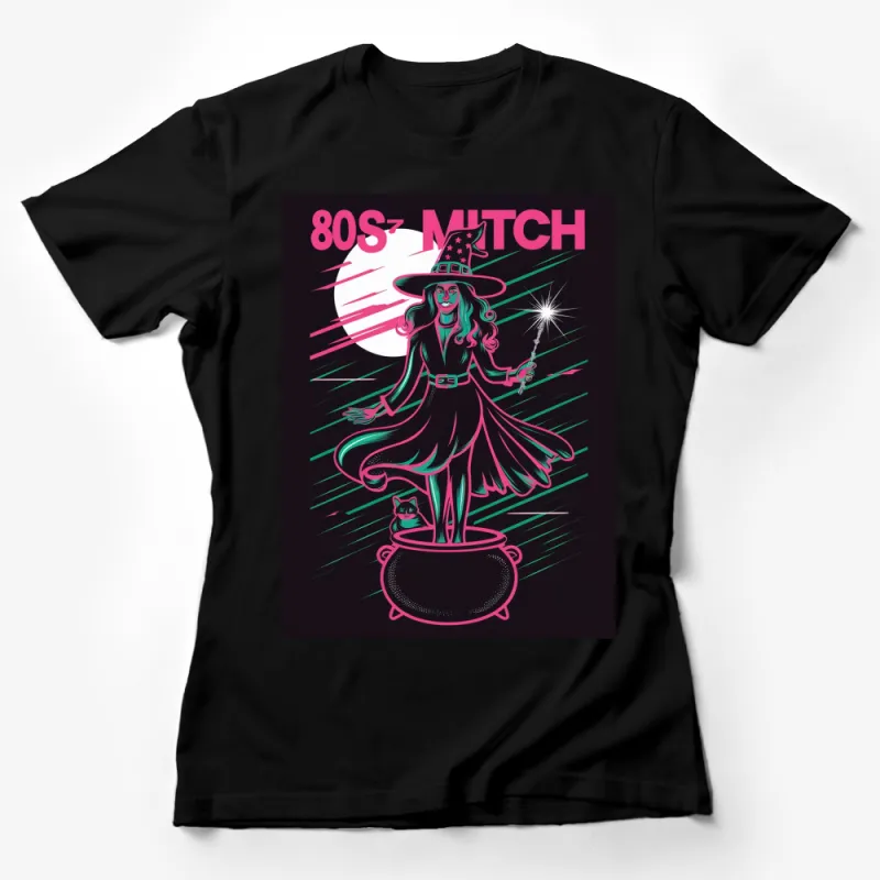 Retro 80s Witch T-Shirt, Vintage Magic Witch and Cat Design, Neon Colors Graphic Tee, Halloween Costume Idea Female T-Shirt