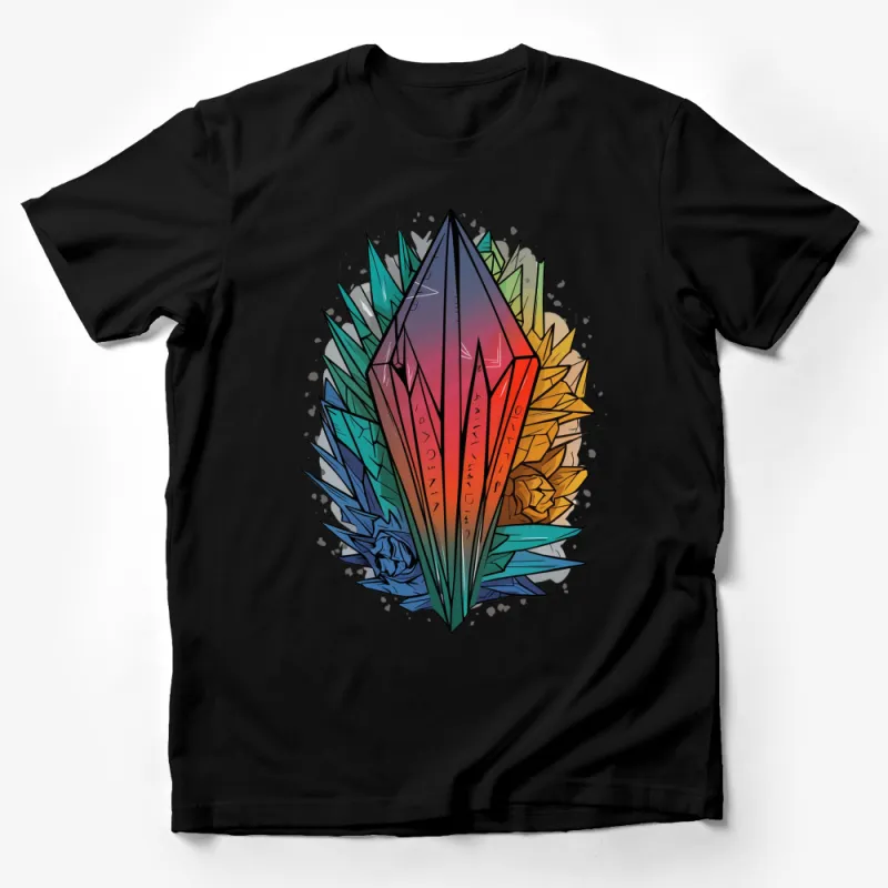 Colorful Crystal Design T-Shirt, Geometric Gemstone Graphic Tee, Unisex Fashion Top Male T-Shirt