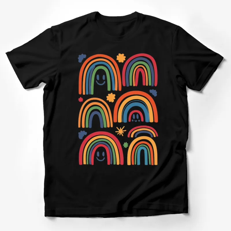 Colorful Rainbow T-Shirt with Smiley Face, Unisex Casual Wear, Unique Kids and Adult Sized Tee Male T-Shirt