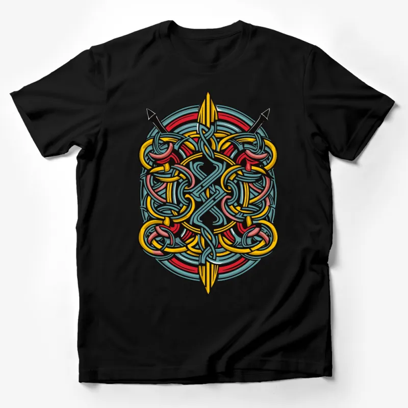 Colorful Celtic Knot Design T-Shirt, Unisex Graphic Tee with Intricate Patterns and Arrows Male T-Shirt