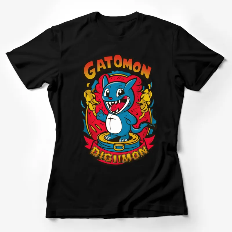 Digimon Gatomon Cartoon Graphic T-Shirt, Vibrant Blue and Red Unisex Tee, Anime Fan Apparel Female T-Shirt