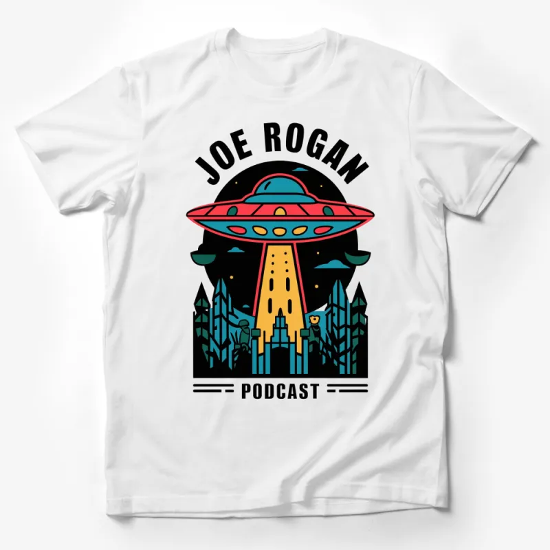 Graphic UFO Podcast T-Shirt, Alien Spacecraft and Cityscape, Unisex Sci-Fi Tee, Casual Wear, Gift for Podcast Fans Male T-Shirt