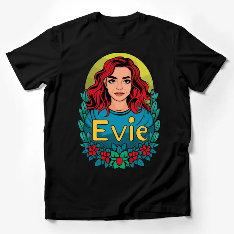 Vibrant Redhead Woman Illustration Evie T-Shirt, Unique Floral Graphic Tee, Colorful Artistic Apparel Male T-Shirt