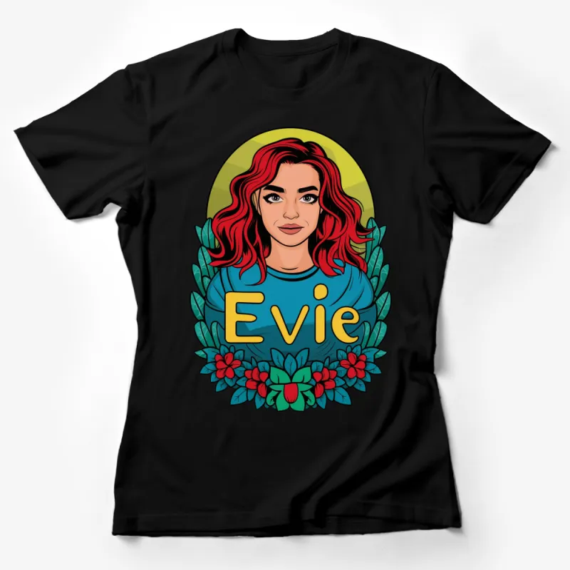 Vibrant Redhead Woman Illustration Evie T-Shirt, Unique Floral Graphic Tee, Colorful Artistic Apparel Female T-Shirt