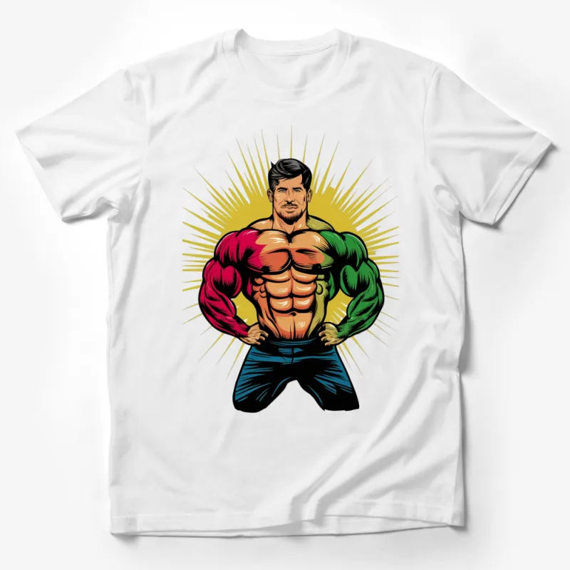 Superhero Muscle Man T-Shirt, Bold Comic Book Style, Vibrant Colors, Gym Wear, Gift for Fitness Enthusiasts Male T-Shirt