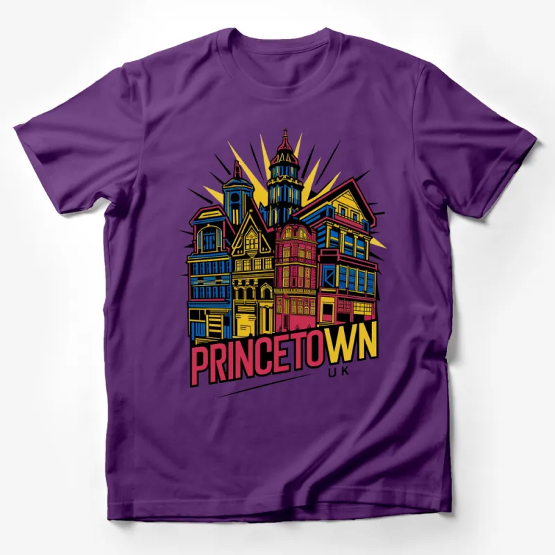 Princetown UK Colorful Architectural T-Shirt, Unique Graphic Tee, Vibrant City Buildings Design, Artistic Apparel Male T-Shirt