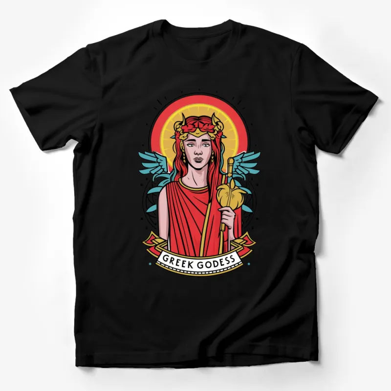 Greek Goddess Graphic T-Shirt, Mythology Inspired, Bold Red and Gold Design, Unique Artistic Apparel Male T-Shirt