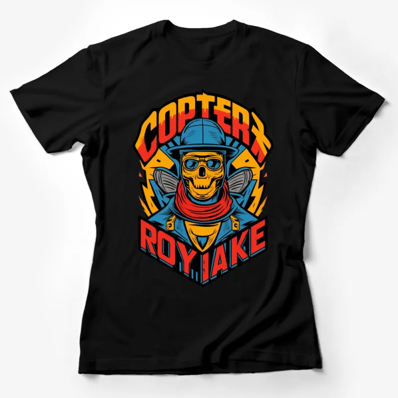 Bold Copter Roy Jake Skull Graphic T-Shirt, Colorful Vintage Style Tee, Unique Pilot Skull Design Shirt Female T-Shirt