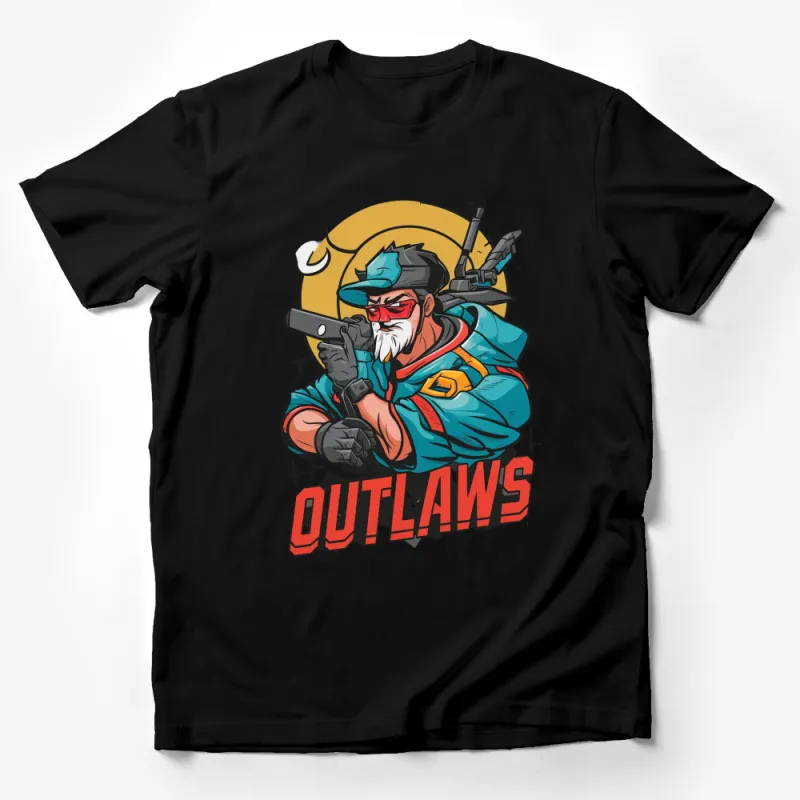 Outlaws Animated Character T-Shirt, Bold Graphic Tee with Cartoon Soldier, Colorful Casual Wear Male T-Shirt