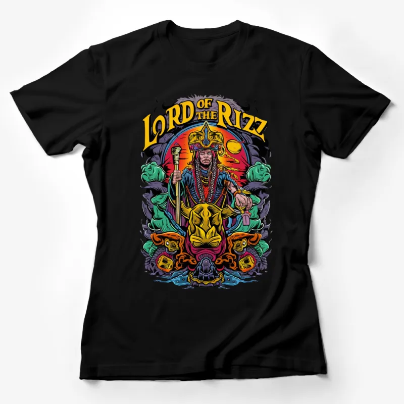 Lord of the Rizz Colorful Graphic T-Shirt, Vibrant Fantasy Art Tee, Unique Wizard and Skulls Design Female T-Shirt