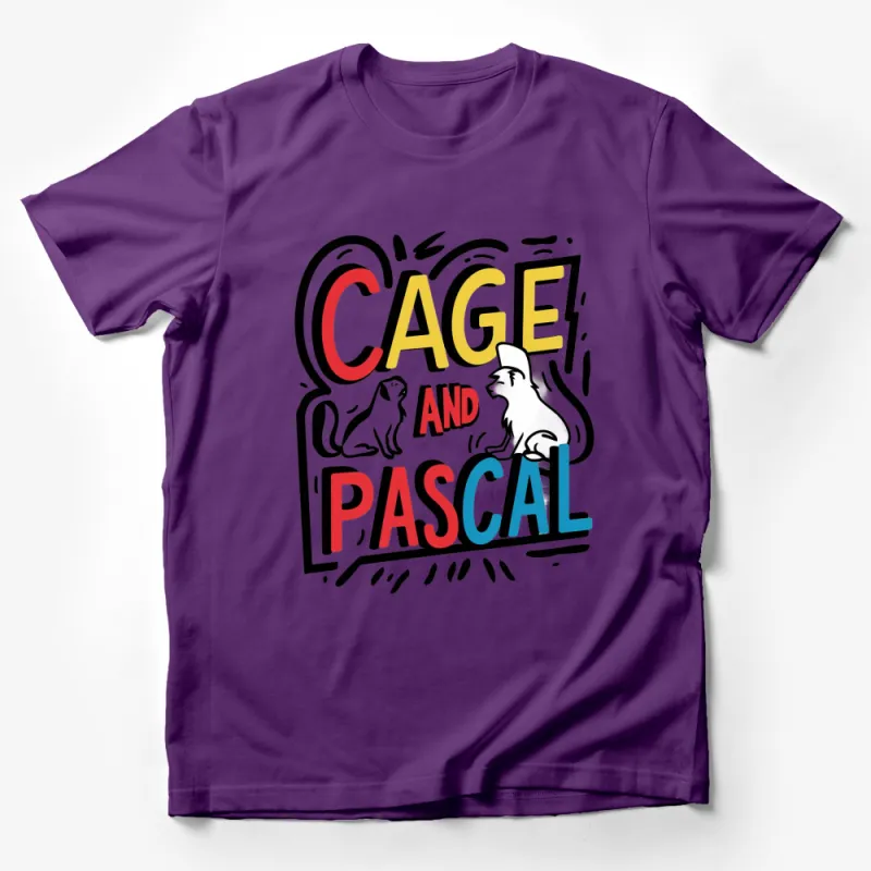 Cage and Pascal Bold Text Graphic T-Shirt, Colorful Retro Style Cartoon T-Shirt, Fun Pop Art Fashion Tee Male T-Shirt