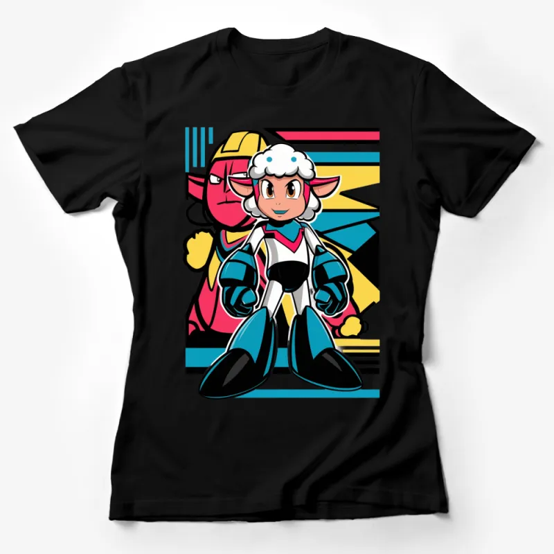 Colorful Retro Robot Sheep T-Shirt, Bold Graphic Tee, Unisex Pop Art Shirt, Unique Sci-Fi Clothing Female T-Shirt