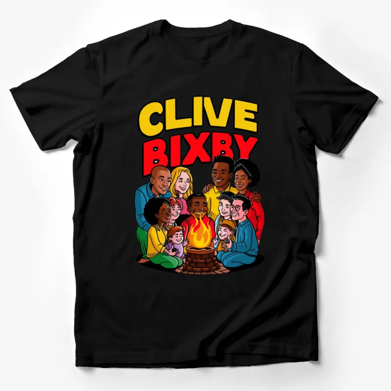 Clive Bixby Cartoon Campfire Scene T-Shirt, Colorful Family Gathering Tee, Unisex Graphic Shirt Male T-Shirt