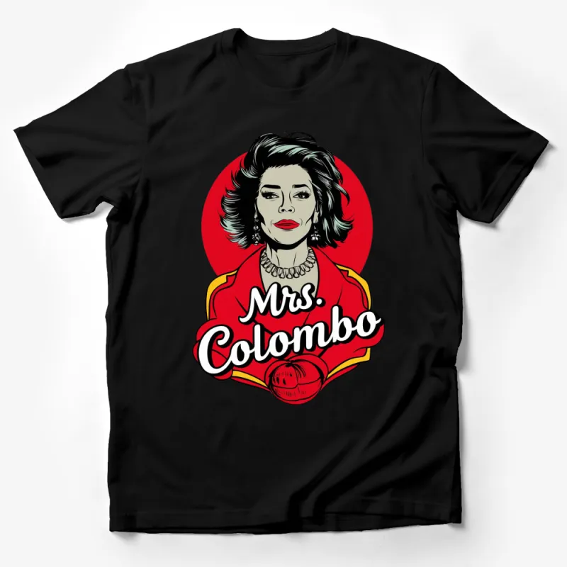 Vintage Mrs. Colombo Pop Art Style T-Shirt, Retro Graphic Tee, Bold Red and Black Design Male T-Shirt