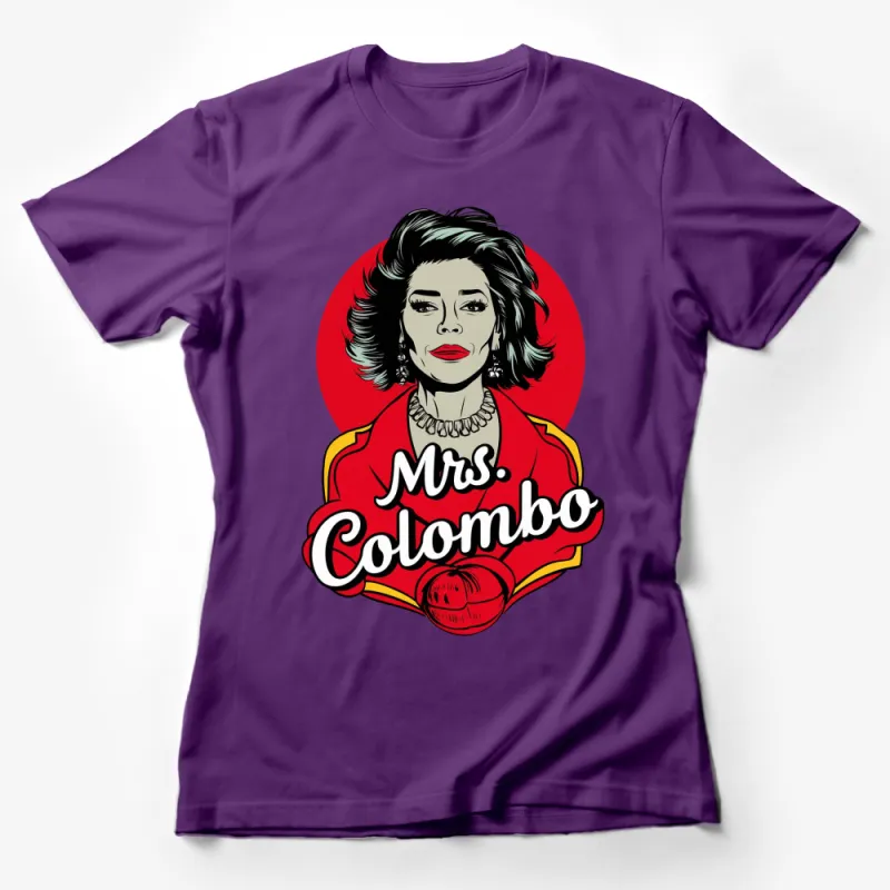 Vintage Mrs. Colombo Pop Art Style T-Shirt, Retro Graphic Tee, Bold Red and Black Design Female T-Shirt