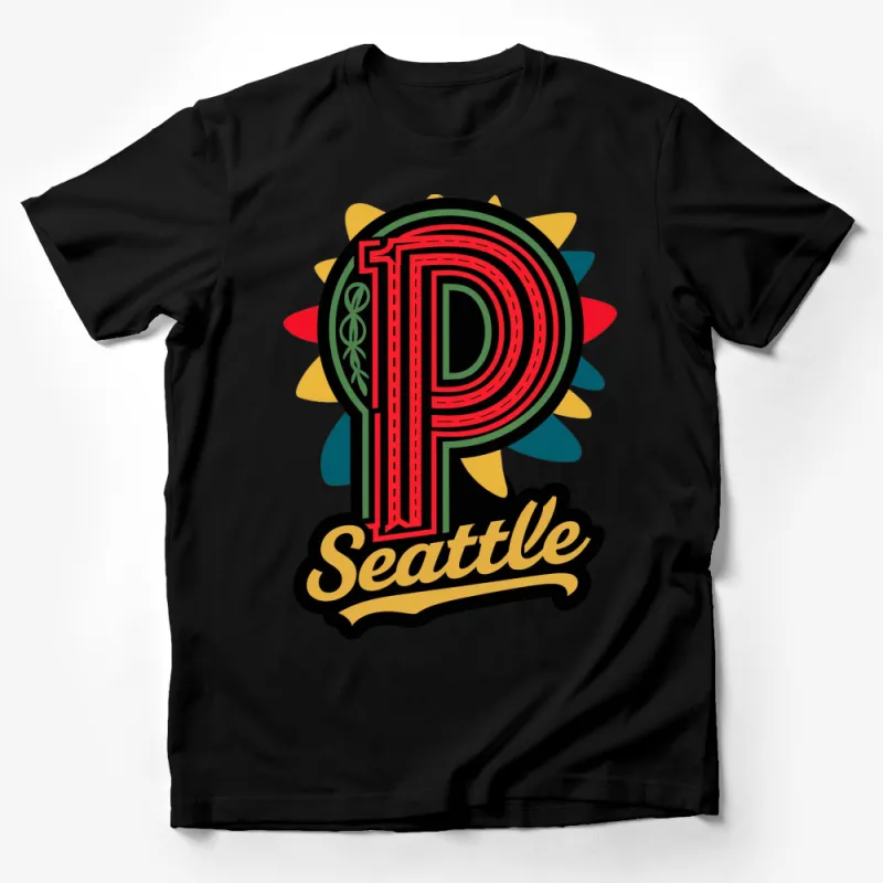 Seattle P Retro Style T-Shirt, Vintage Inspired Bold Letter Graphic Tee, Colorful Unisex Casual Top Male T-Shirt