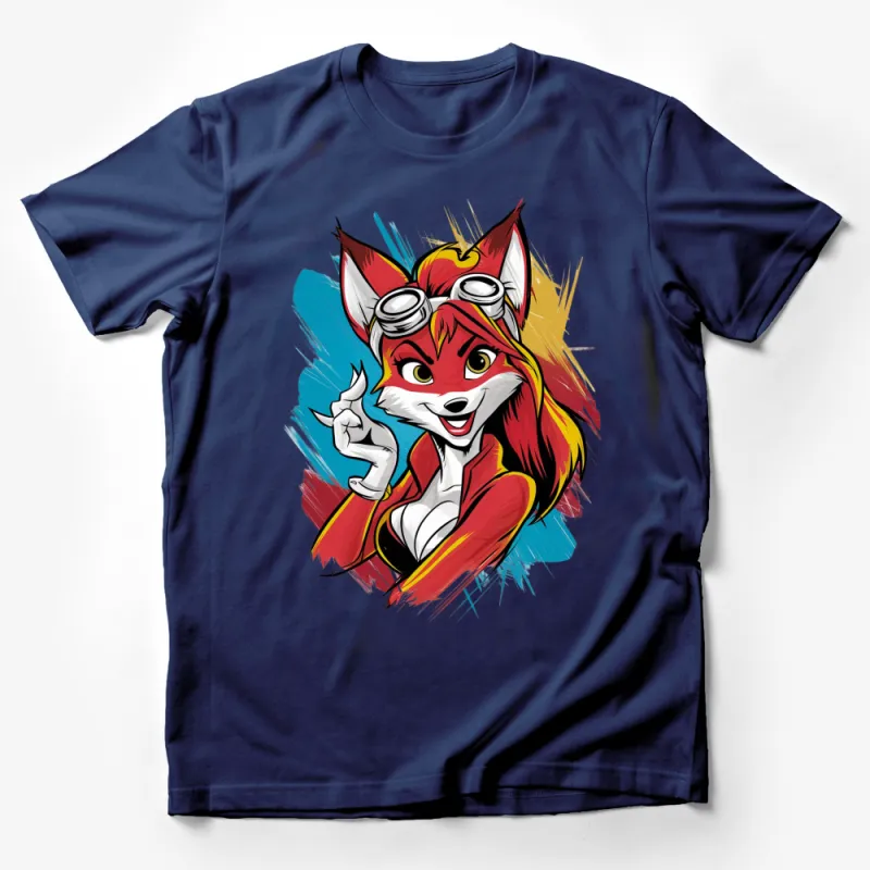 Animated Fox Character T-Shirt, Colorful Cartoon Fox with Goggles, Unisex Graphic Tee Male T-Shirt