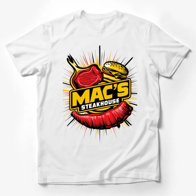 Trendy Mac's Steakhouse T-Shirt with Burger and Steak Design, Colorful Graphic Tee Male T-Shirt