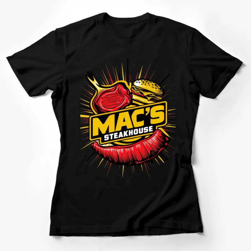 Trendy Mac's Steakhouse T-Shirt with Burger and Steak Design, Colorful Graphic Tee Female T-Shirt