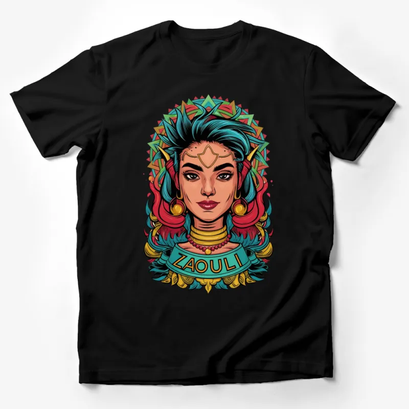 Colorful Zaouli Inspired Graphic T-Shirt, Bold Female Portrait with Vibrant Headdress Male T-Shirt