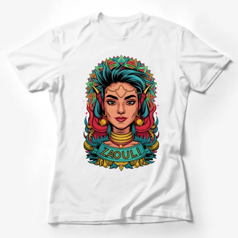 Colorful Zaouli Inspired Graphic T-Shirt, Bold Female Portrait with Vibrant Headdress Female T-Shirt