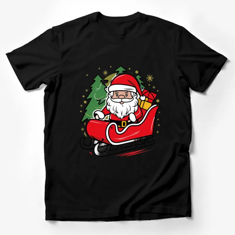 Santa Claus Sleigh Ride T-Shirt, Festive Holiday Graphic Tee, Christmas Tree and Gifts Design Male T-Shirt